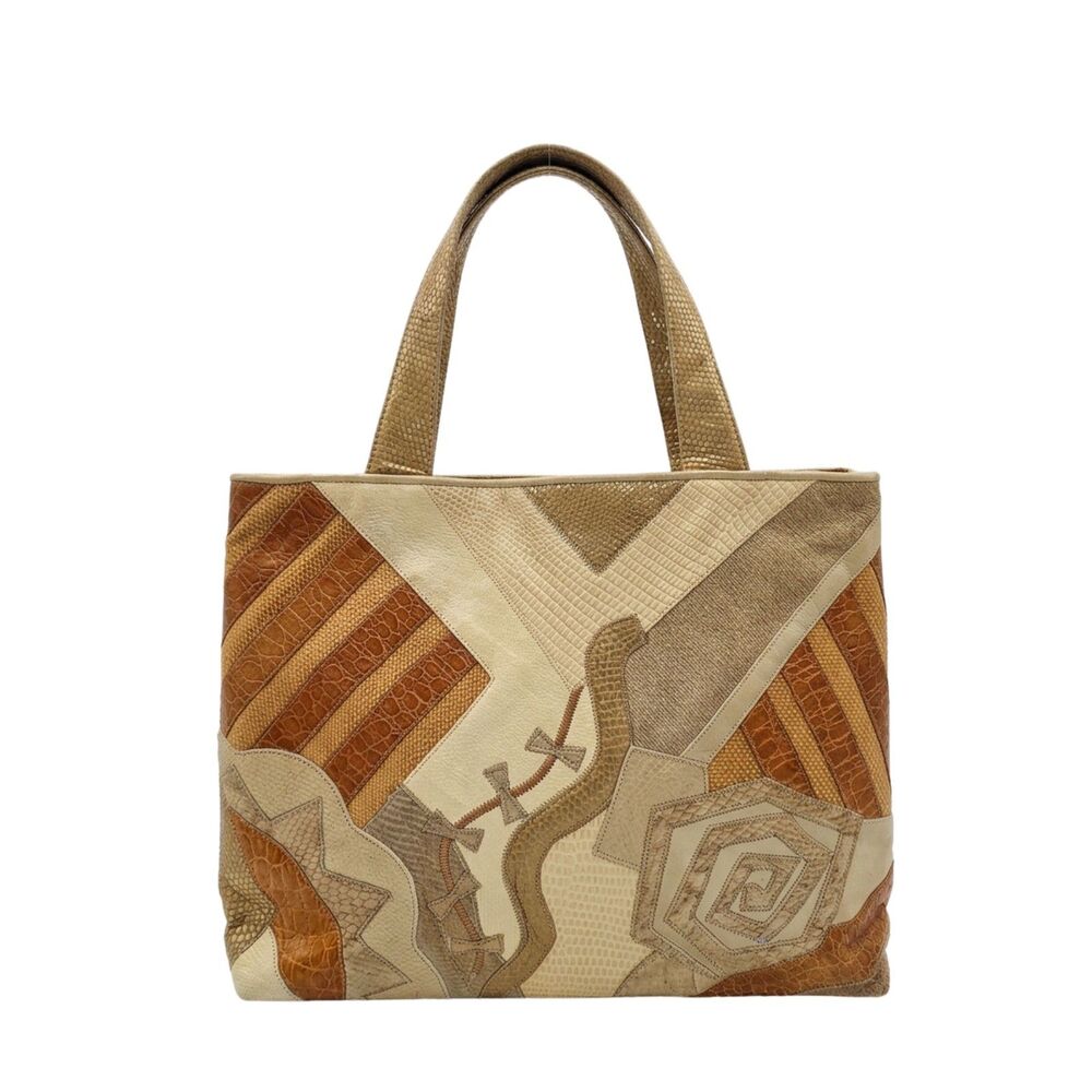 Vintage 80s Sharif Patchwork Leather Tote Bag Metallic Gold Reptile Embossed
